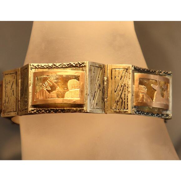 Vintage Silver Shadowbox Bracelet Peru Llama Cactus Boat - Picture 2 of 9